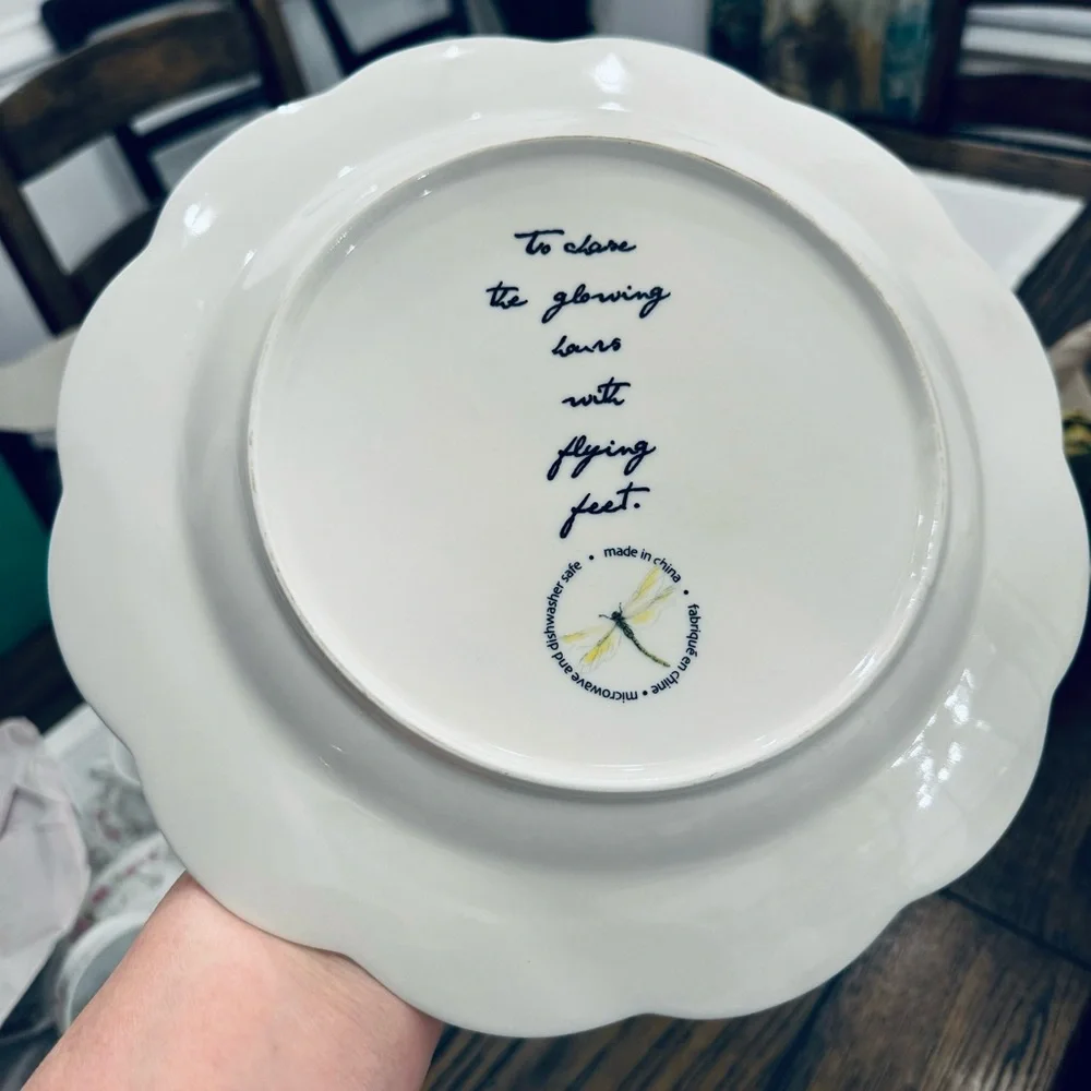 Decorative Scallop Plate with Birds and Dragonfly 10.5”